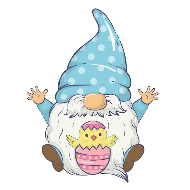 Vector Easter illustration with a spring gnome sitting next to a painted egg with a chick For cards invitations packaging design posters prints