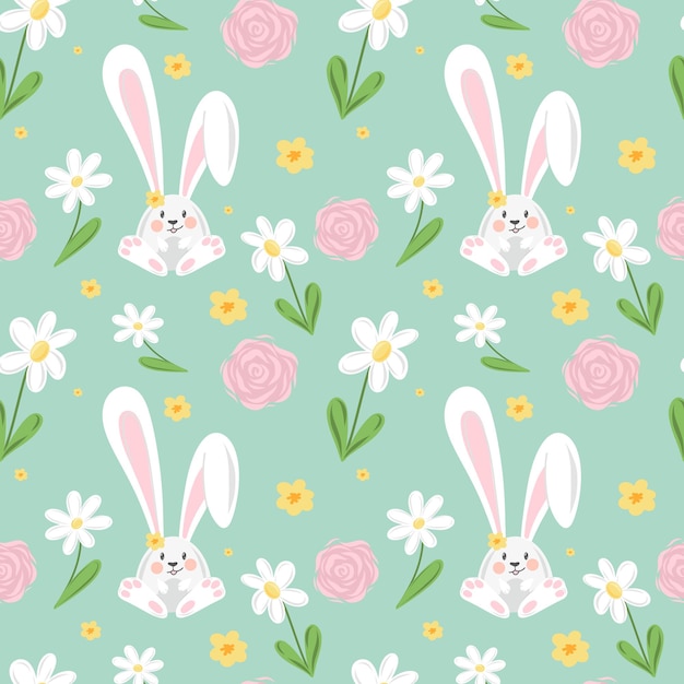 Vector easter seamless pattern Cartoon bunny and flowers in green background