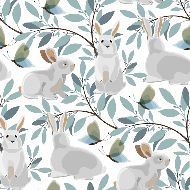 Vector Easter seamless pattern Illustration with bunnies twigs and butterflies Spring background