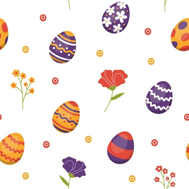 Vector easter seamless pattern with eggs and flowers Easter eggs on white background Floral pattern