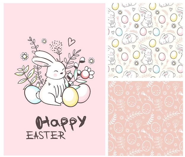 Vector Easter set of patterns and Easter card Cute Easter bunny Hand drawn lettering Happy Easter