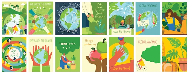 Vector eco illustration cards for social poster banner or card of saving the planet human hands protect our earth