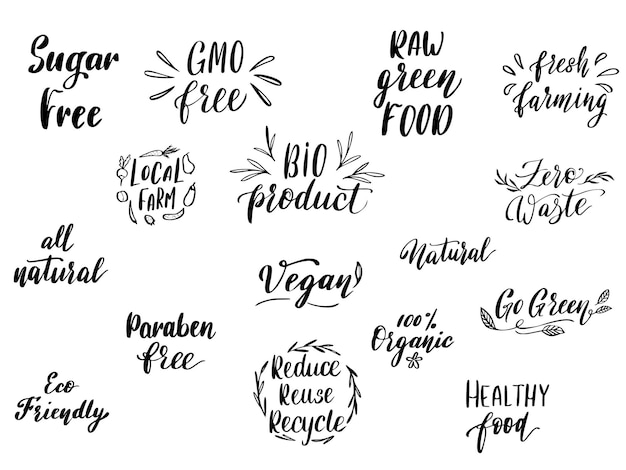 Vector eco and organic food restaurant badge or sign. Fresh farm product menu template. Hand drawn lettering sign for locally grown vegetarian food market. Vector illustration