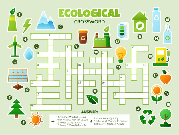 Vector ecological crossword puzzle for kids Simple Earth day quiz with eco signs for children Eco