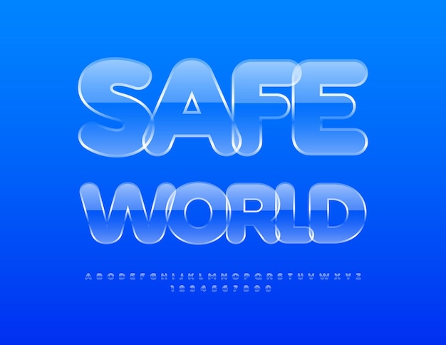 Vector vector ecological template safe world transparent blue font glass alphabet letters and numbers set