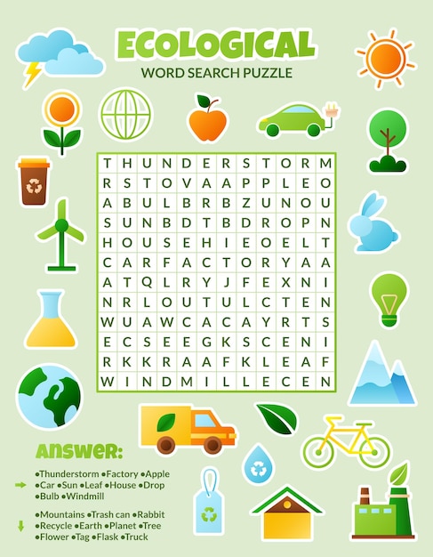 Vector ecological word search puzzle game for kids Earth day word search quiz