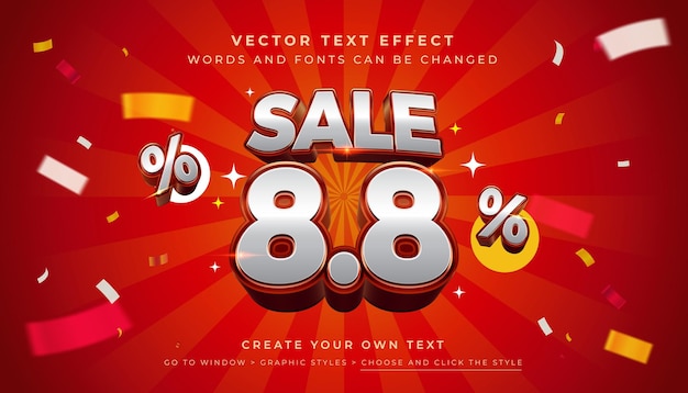 Vector Editable 3D silver discount sale text effect August 88 typography graphic style on red back