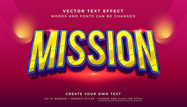 Vector Editable 3D yellow mission text effect Game space mission graphic style on red background