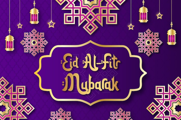 Vector Eid Al Fitr Mubarak purple and gold islamic background