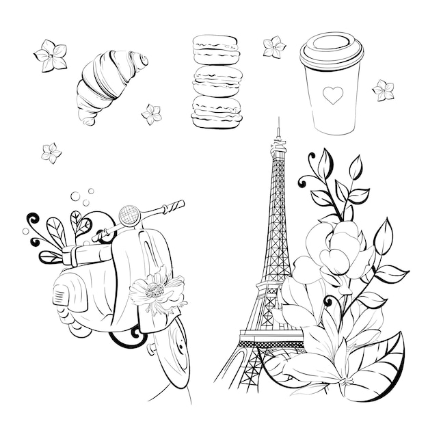 Vector eiffel tower and scooter illustration vintage motorbike in romantic style french bakery