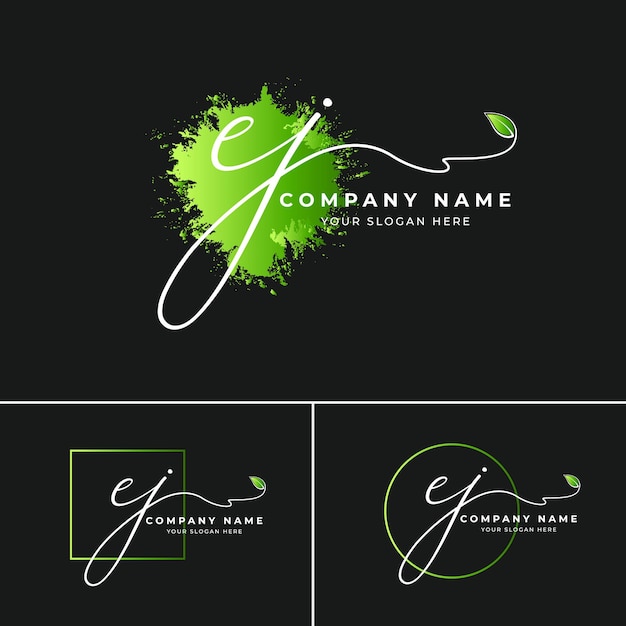 Vector ej initial letter signature logo and green leaf