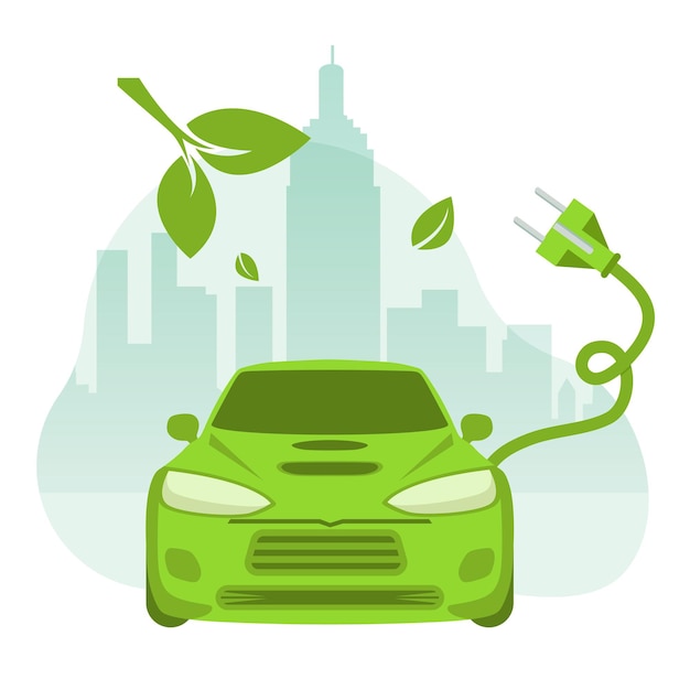 Vector vector of an electric car on a cityscape background