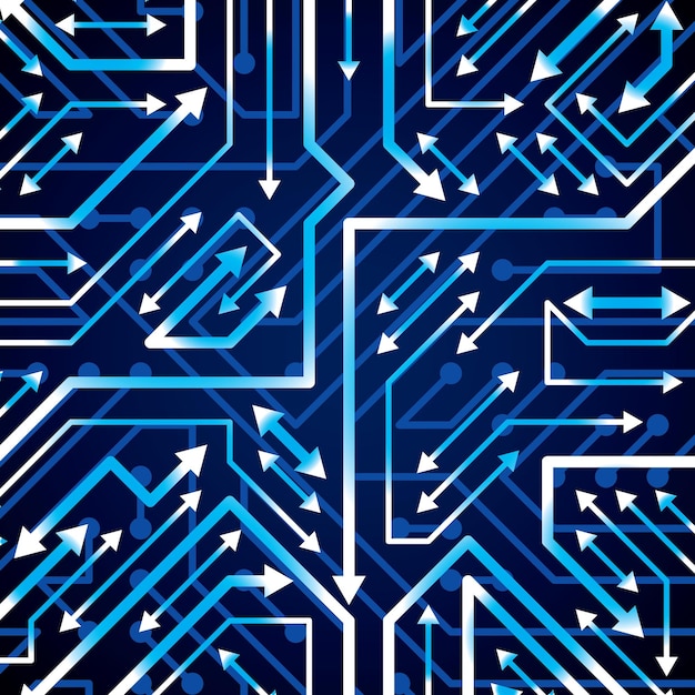 Vector electronic pattern with microchip scheme with multidirectional arrows, luminescent circuit board, high tech futuristic background. Digital connections