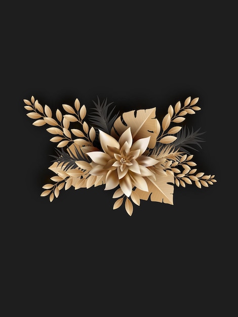 Vector elegant attractive luxurious golden 3d flowers background golden leafs and flower