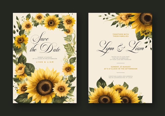 Vector vector elegant wedding invitation with beautiful watercolor paint sunflower