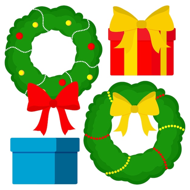 Vector elements of Christmas decorations. New Year wreaths, gifts and bows.