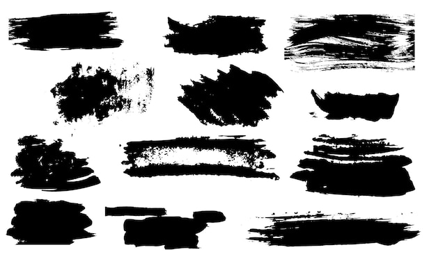 Vector elements ink design Sponge stamps splashes dry brush marks pastel pencil textures Set of grunge black artistic brush stroke textures design elements for banner isolated on white background