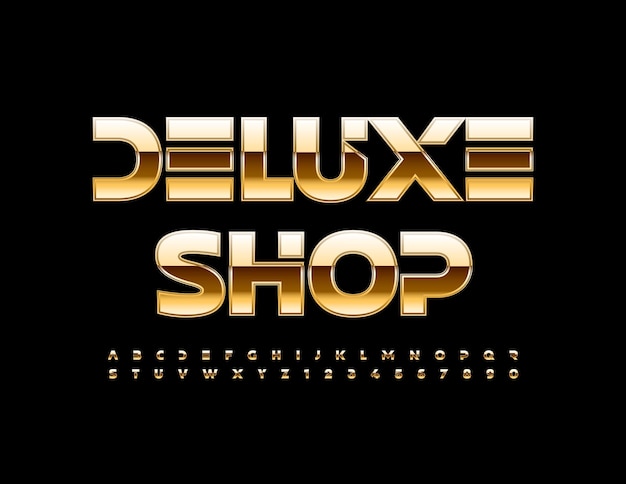 Vector elite banner Deluxe Shop with Gold Alphabet Letters and Numbers set Premium glossy Font