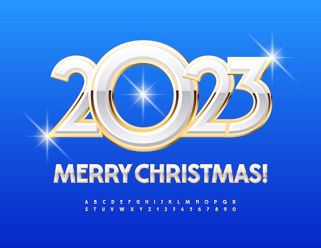 Vector elite greeting card Merry Christmas 2023! Elegant White and Gold Font. Shiny premium Alphabet