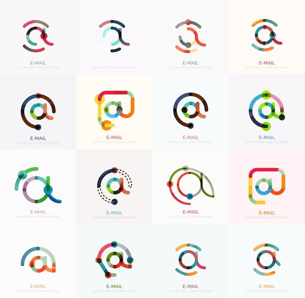 Vector email business symbols or at signs logo set. Linear minimalistic flat icons - collection connected multicolored segments of lines