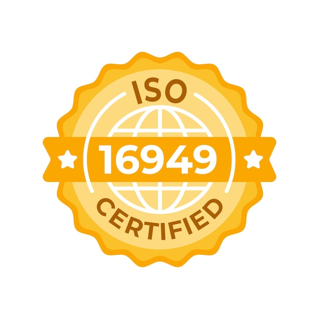 Vector emblem for ISO 16949 Certified quality management in the automotive sector featuring a golden