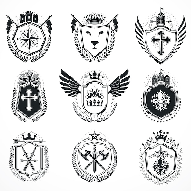 Vector emblems, vintage heraldic designs. Coat of Arms collection, vector set.