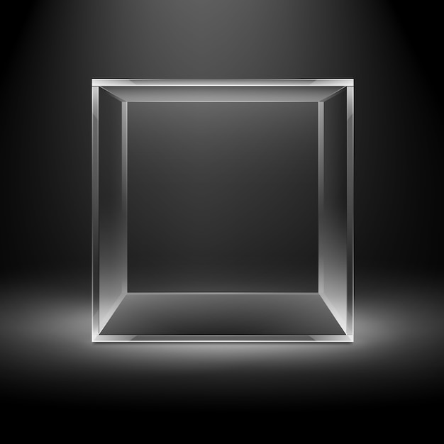 Vector Empty Transparent Glass Box Cube on Dark Black with Backlight