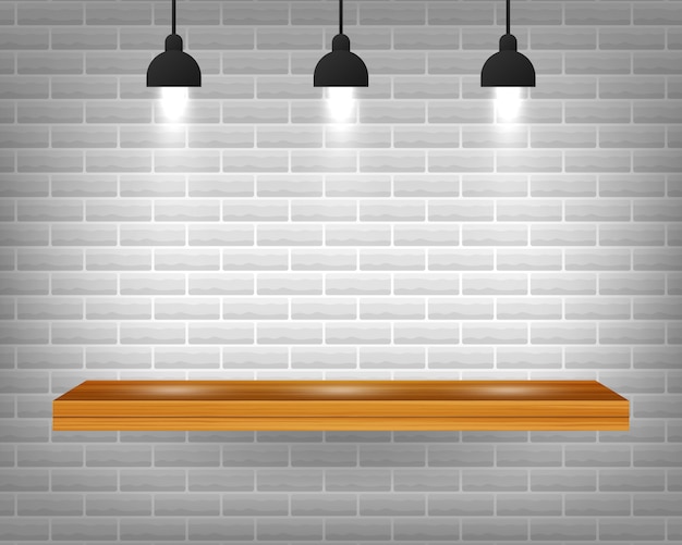 Vector empty wooden shelf isolated on gray brick wall background.