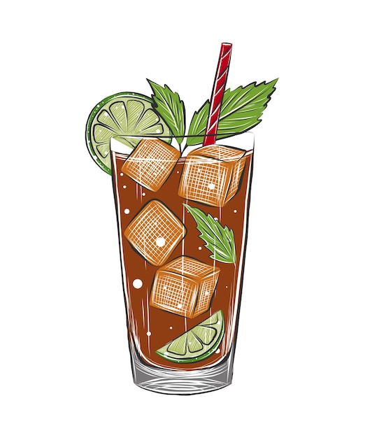 Vector vector engraved style cuba libre alcoholic cocktail with ice cubes splashes illustration