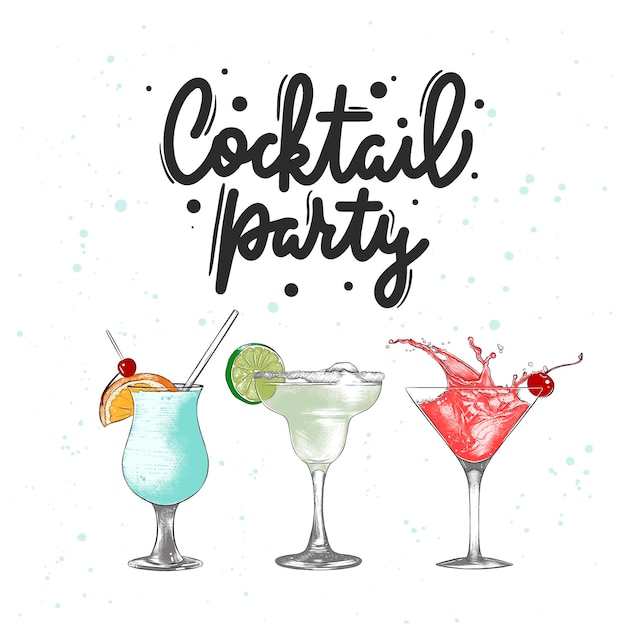 Vector engraved style Hand drawn drink or beverage sketch with lettering Cocktail party