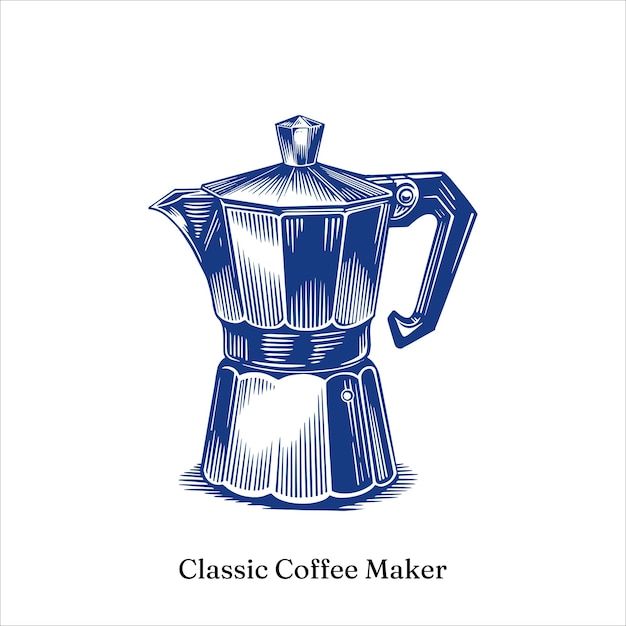 Vector engraving illustration of moka pot coffee maker on white background