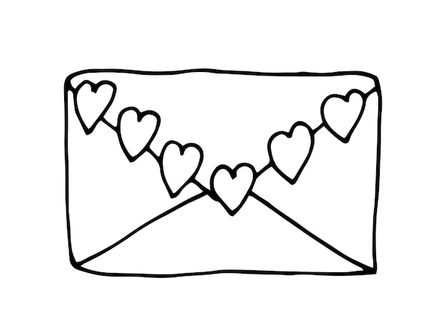 Vector envelope with hearts in doodle style Hand drawn lovely letter isolated on white background