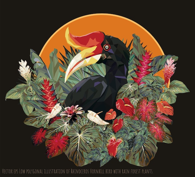 Vector eps Low polygonal illustration of Rhinoceros Hornbill bird with rain forest plants