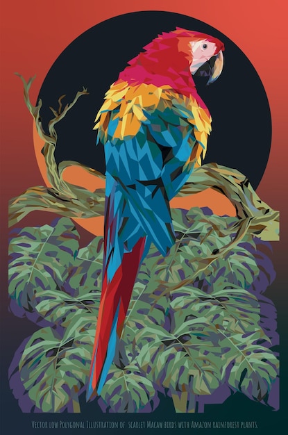 Vector EPS Polygonal Illustration of scarlet Macaw birds with Amazon rainforest plants