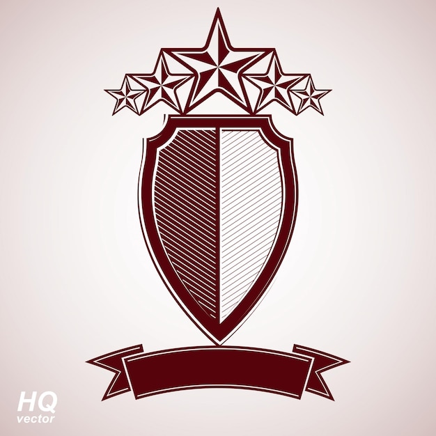 Vector eps8 aristocratic symbol. Festive graphic shield with five stars and curvy ribbon - decorative luxury security template. Corporate branding icon, success concept theme design element.