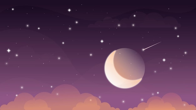 Vector evening sky, moon and clouds in flat style, moon and stars, Starry sky,moon in the night sky