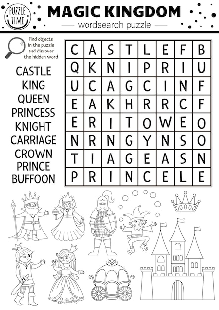 Vector fairytale black and white wordsearch puzzle for kids Magic kingdom crossword or coloring page with fantasy creatures Activity with knight castle princess king Fairy tale cross wordxA