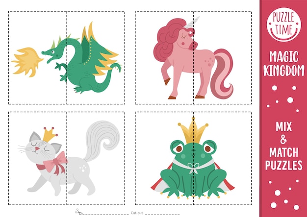 Vector fairytale mix and match puzzle with dragon unicorn cat in crown frog prince Matching magic kingdom activity for preschool kids Educational printable game with fantasy charactersxA