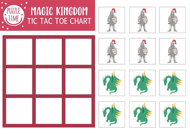 Vector fairytale tic tac toe chart with knight and dragon Fairy tale holiday board game playing field with fantasy characters Funny magic kingdom printable worksheet Noughts and crosses grid xA