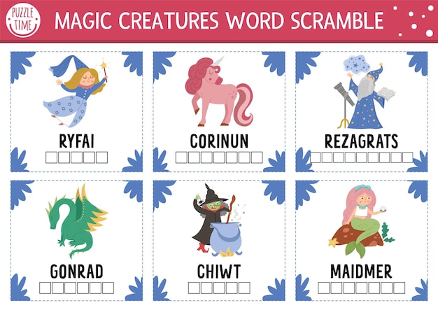 Vector fairytale word scramble activity page English language game with dragon mermaid unicorn for kids Fantasy creatures holiday family quiz Simple educational printable worksheetxA