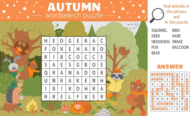 Vector fall season wordsearch puzzle for kids. Simple crossword with autumn scene and hiding forest animals for children. Educational keyword activity with cute funny woodland animals