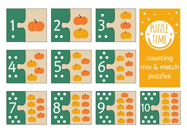 Vector fall Thanksgiving mix and match puzzle with pumpkins Matching math activity for preschool children Autumn harvest educational printable counting game for kids with harvestxA