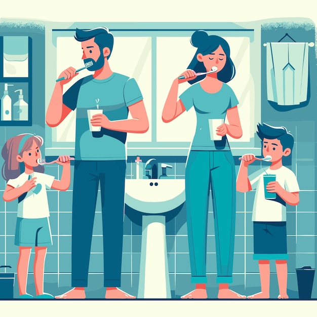 Vector vector family is brushing their teeth in a bathroom