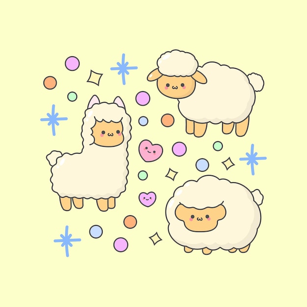 Vector Farm Alpaca Llama Sheep with cute facial expressions and pastel colour