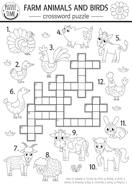 Vector farm animals and birds black and white crossword puzzle for kids Simple on the farm line quiz Country educational activity with cow hen pig Rural village cross word coloring pagexA