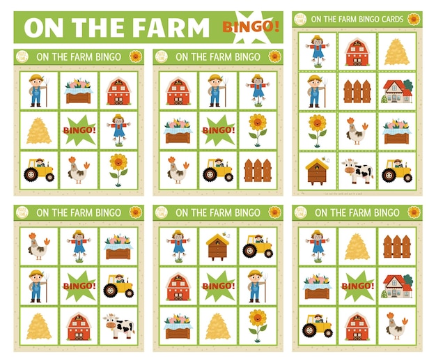 Vector on the farm bingo cards set Fun family lotto board game with cute barn farmer cow animals for kids Rural countryside lottery activity Simple educational printable worksheetxA