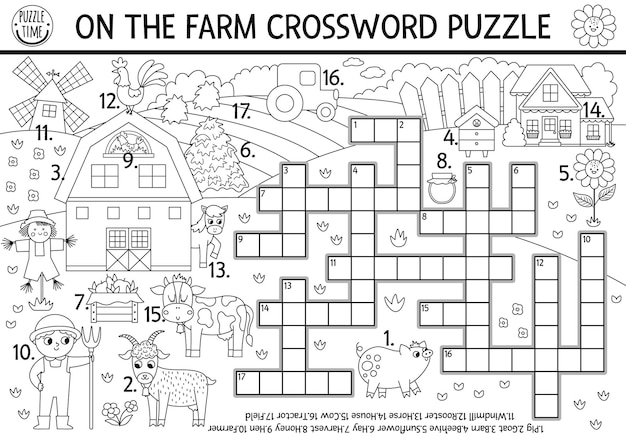 Vector on the farm black and white crossword puzzle for kids Simple farm line quiz with rural country landscape Educational activity with cow farmer barn Cute cross word coloring pagexA