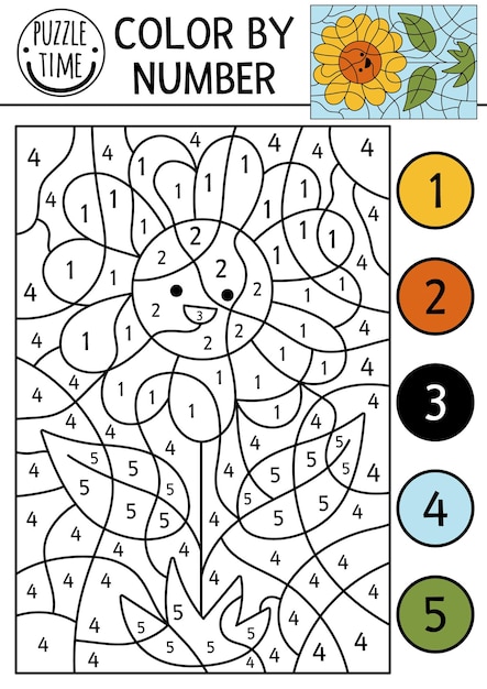 Vector on the farm color by number activity with sundlower Rural country scene black and white counting game with cute yellow sun flower Coloring page for kids with countryside scenexA