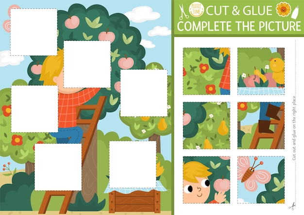 Vector on the farm cut and glue activity Garden crafting game with cute farmer and apple tree Fun printable worksheet for children Find the right piece of the puzzle Complete the picturexA