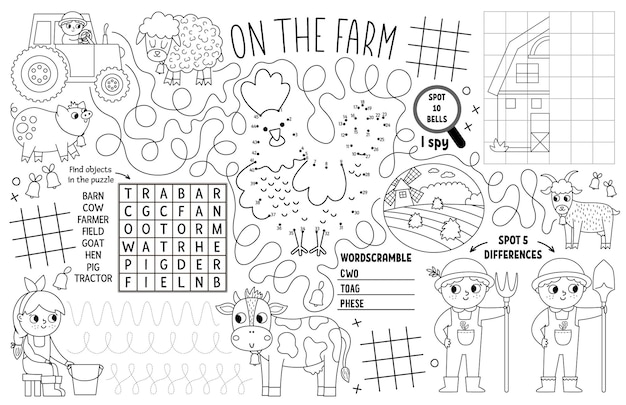 Vector on the farm placemat for kids Country farm printable activity mat with maze tic tac toe charts connect the dots find difference Farmhouse black and white play mat or coloring pagexA